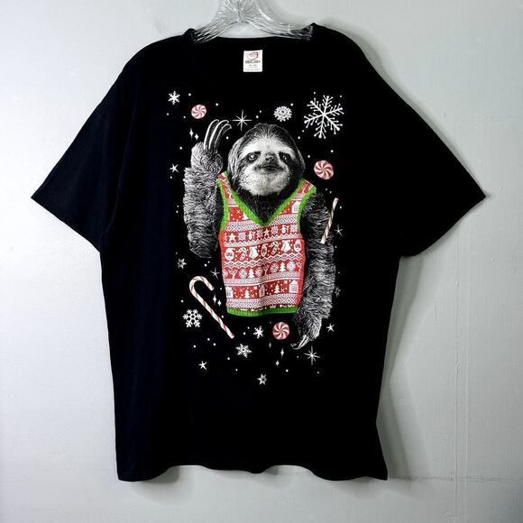 Dec 25th Christmas Sloth Wearing Holiday Vest Funny Black T-Shirt Men's Size XL - Picture 1 of 10